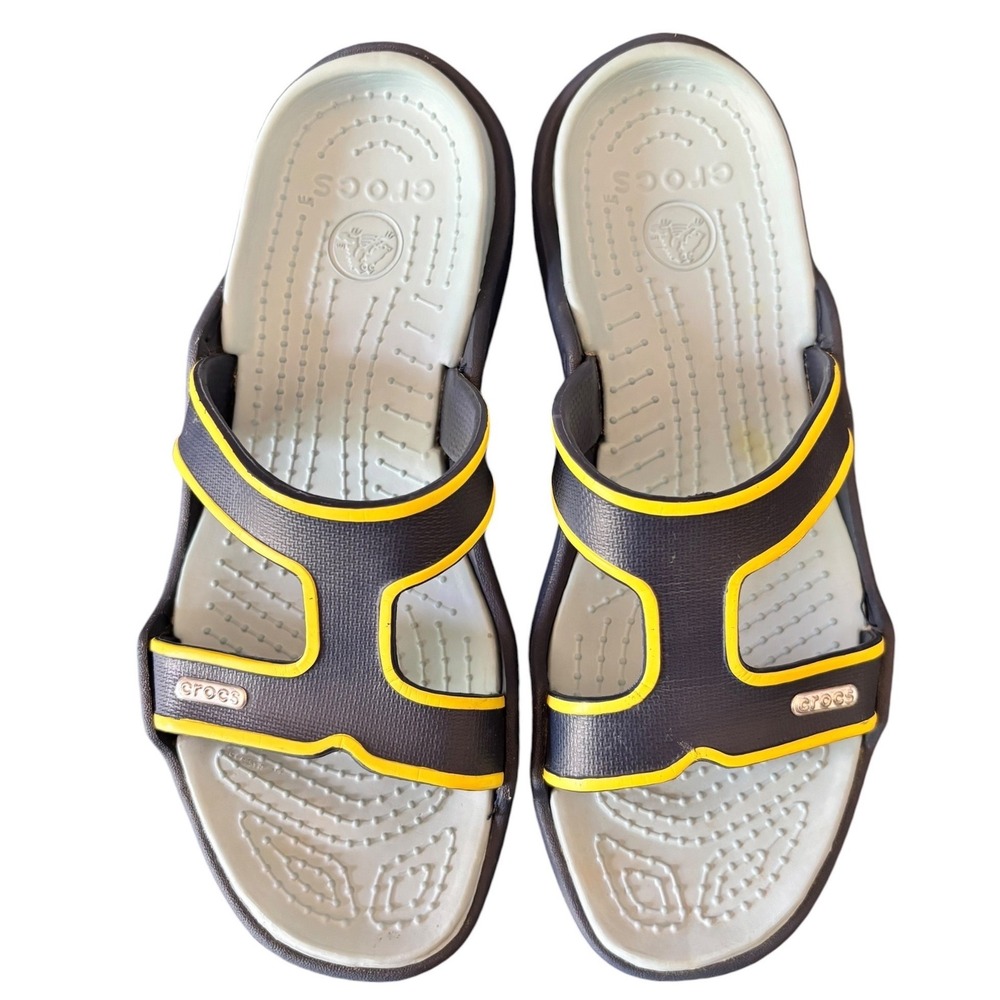 Crocs Cleo Dual Strap Slide Sandals Navy Blue Yellow Womens Size 10 Comfort